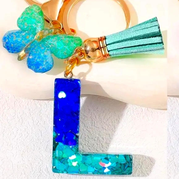 NEW! Resin Letter "L" Initial Keychain Purse Charm w/Butterfly & Tassel - Picture 2 of 7